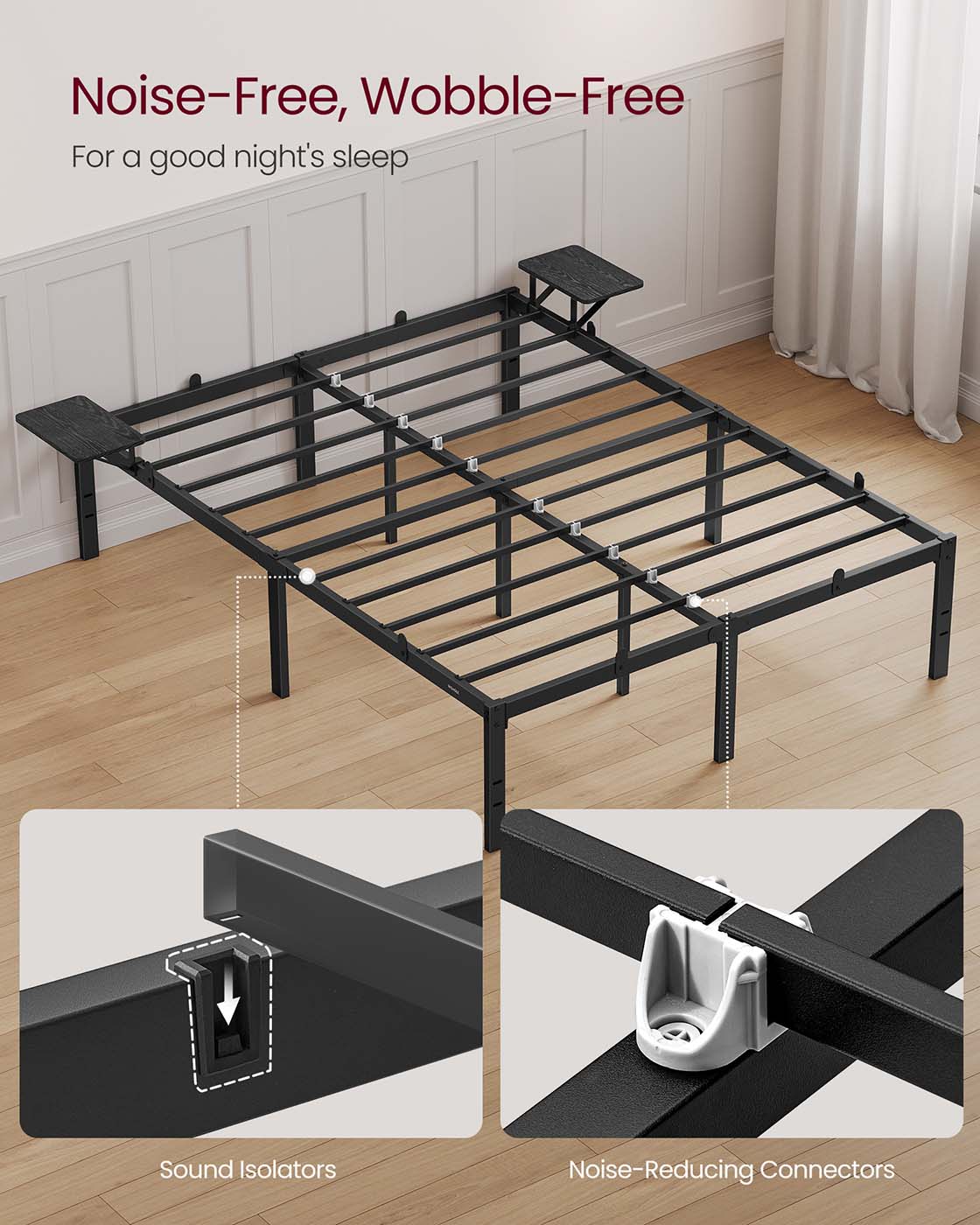 Metal Bed Frame – Matte Black – With Side Shelves – Easy Assembly