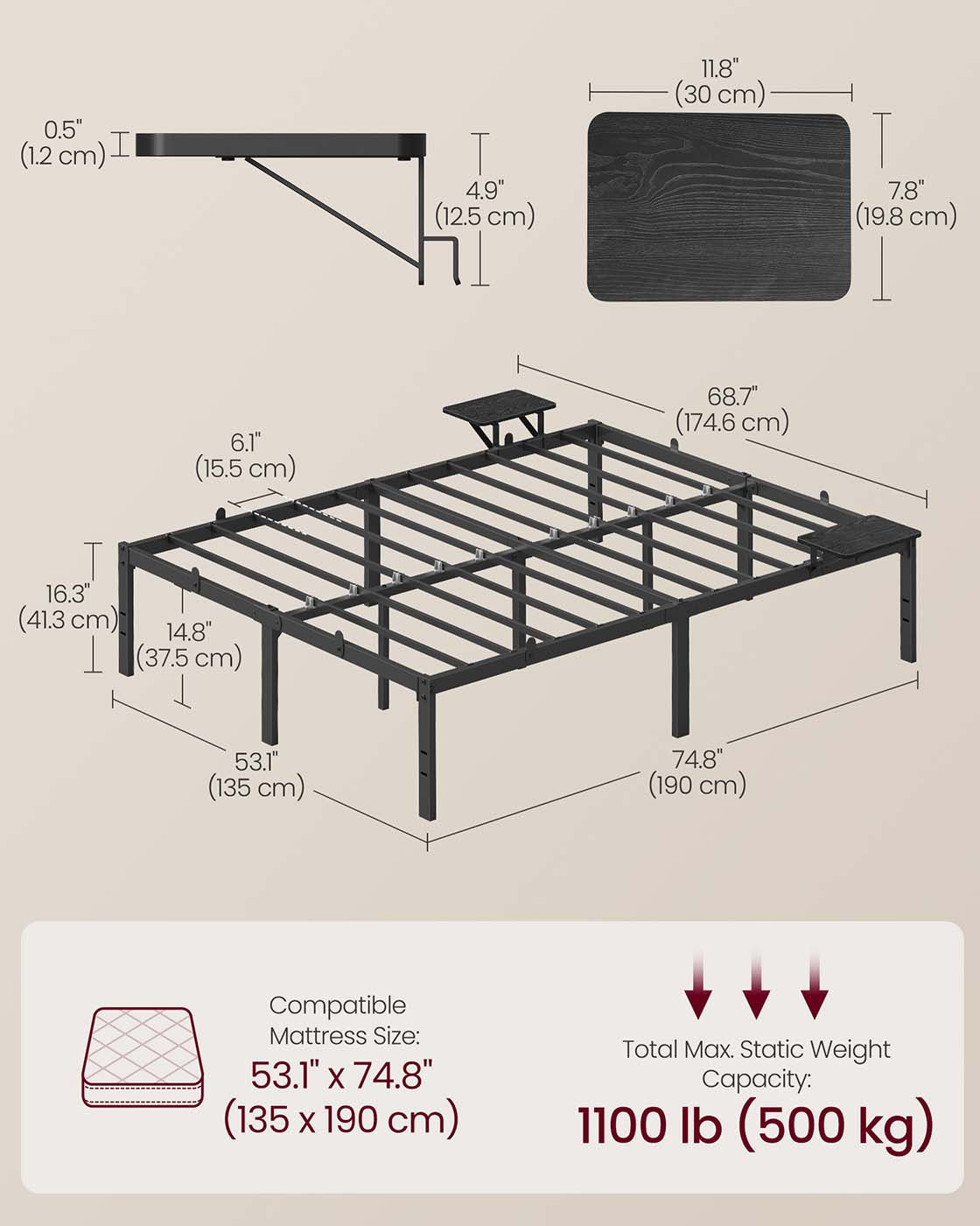 Metal Bed Frame – Matte Black – With Side Shelves – Easy Assembly