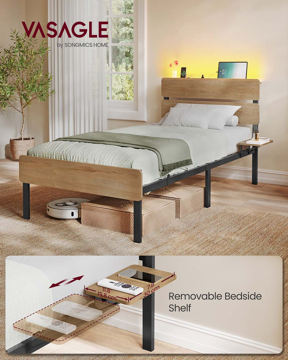 Metal Bed Frame – Steel – Natural Brown – LED Lights, USB Ports, Under-Bed Storage