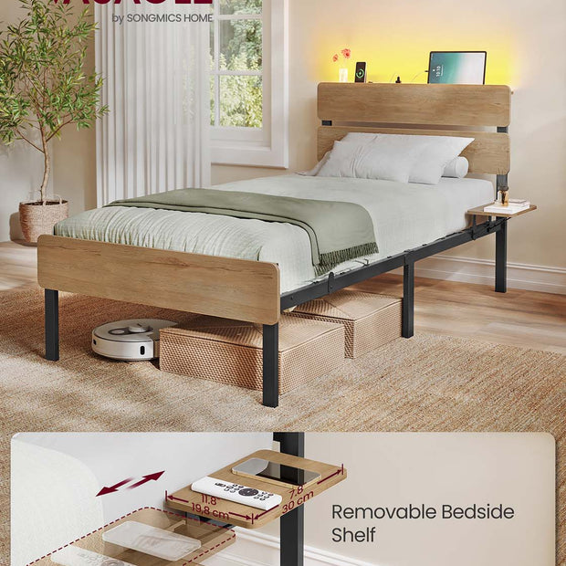 Metal Bed Frame – Steel – Natural Brown – LED Lights, USB Ports, Under-Bed Storage