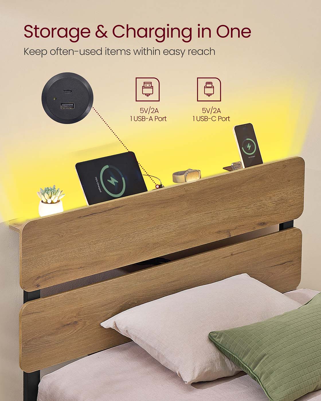 Metal Bed Frame – Steel – Natural Brown – LED Lights, USB Ports, Under-Bed Storage