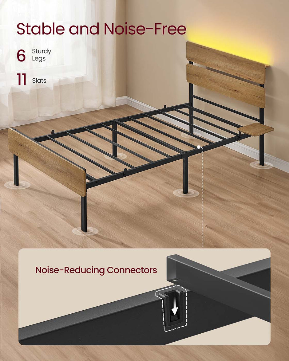 Metal Bed Frame – Steel – Natural Brown – LED Lights, USB Ports, Under-Bed Storage
