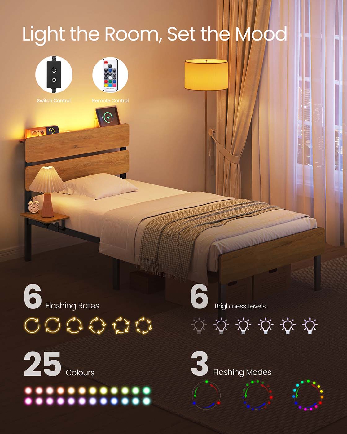 Metal Bed Frame – Steel – Natural Brown – LED Lights, USB Ports, Under-Bed Storage