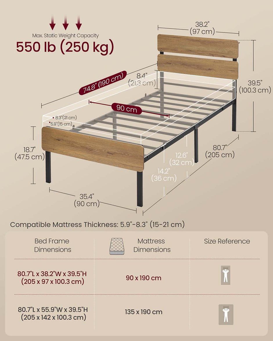 Metal Bed Frame – Steel – Natural Brown – LED Lights, USB Ports, Under-Bed Storage