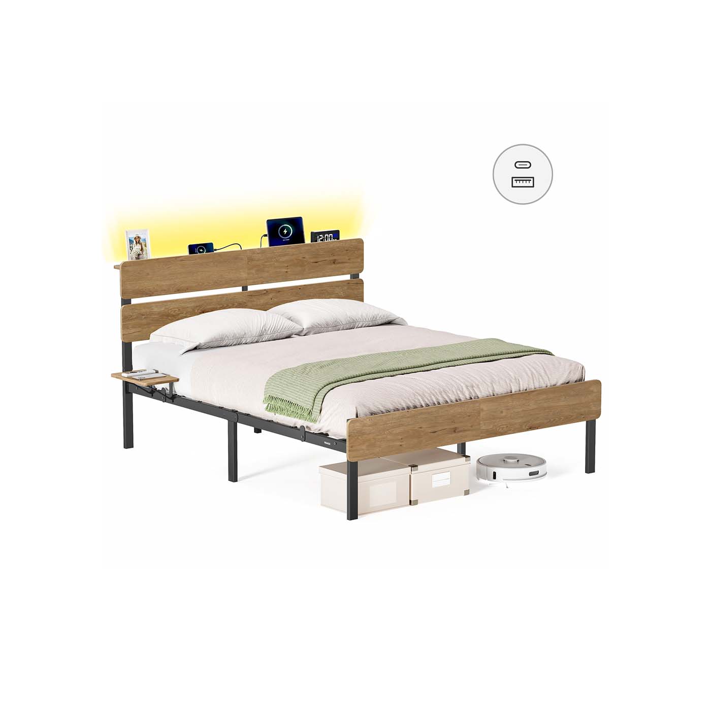 Metal Bed Frame – Metal – Natural Brown – LED Lights, USB Ports, Under-Bed Storage