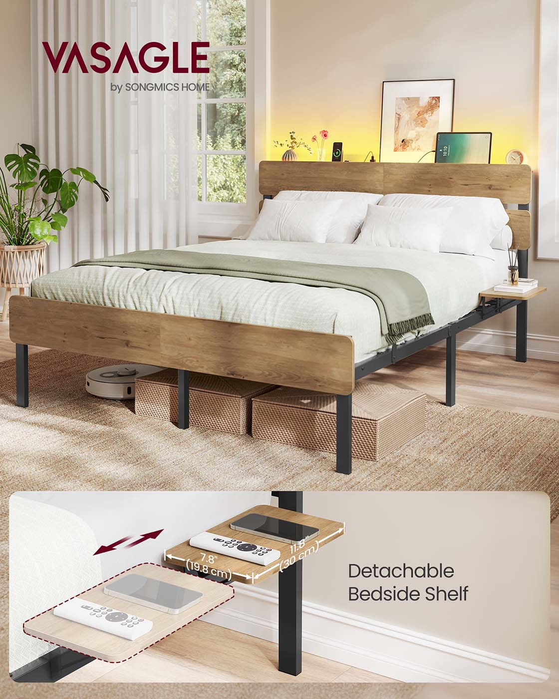 Metal Bed Frame – Metal – Natural Brown – LED Lights, USB Ports, Under-Bed Storage