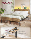 Metal Bed Frame – Metal – Natural Brown – LED Lights, USB Ports, Under-Bed Storage