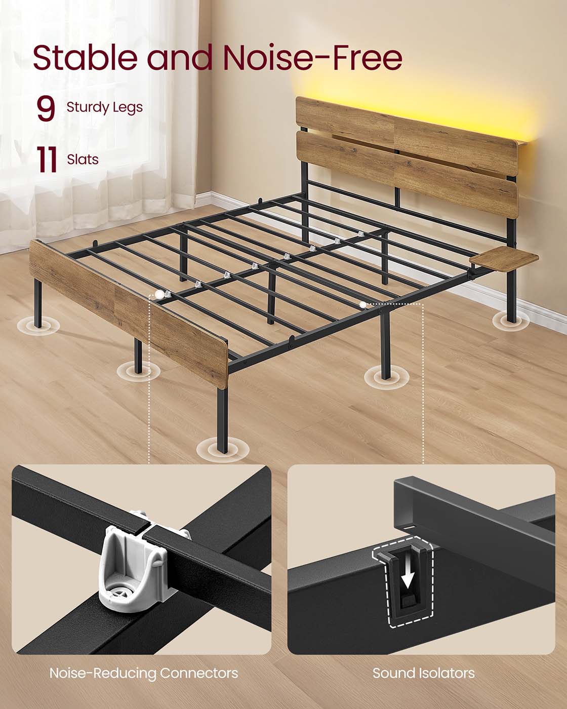 Metal Bed Frame – Metal – Natural Brown – LED Lights, USB Ports, Under-Bed Storage