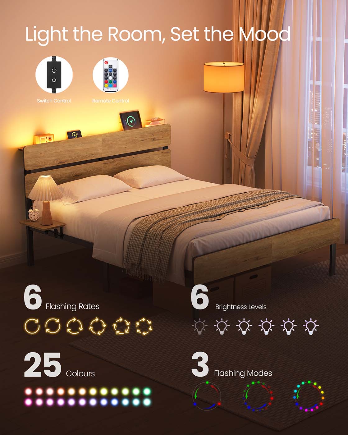 Metal Bed Frame – Metal – Natural Brown – LED Lights, USB Ports, Under-Bed Storage