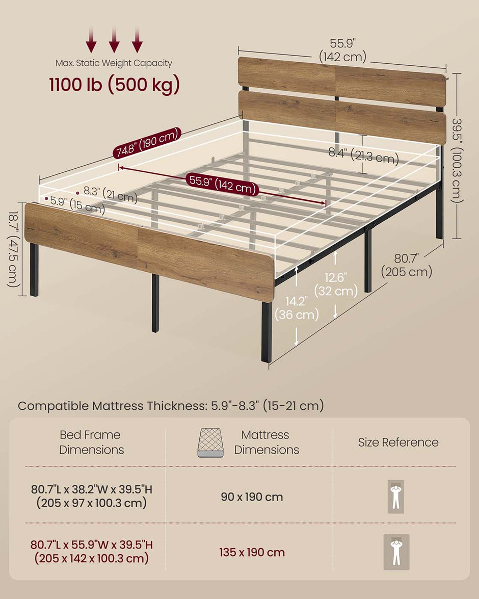 Metal Bed Frame – Metal – Natural Brown – LED Lights, USB Ports, Under-Bed Storage
