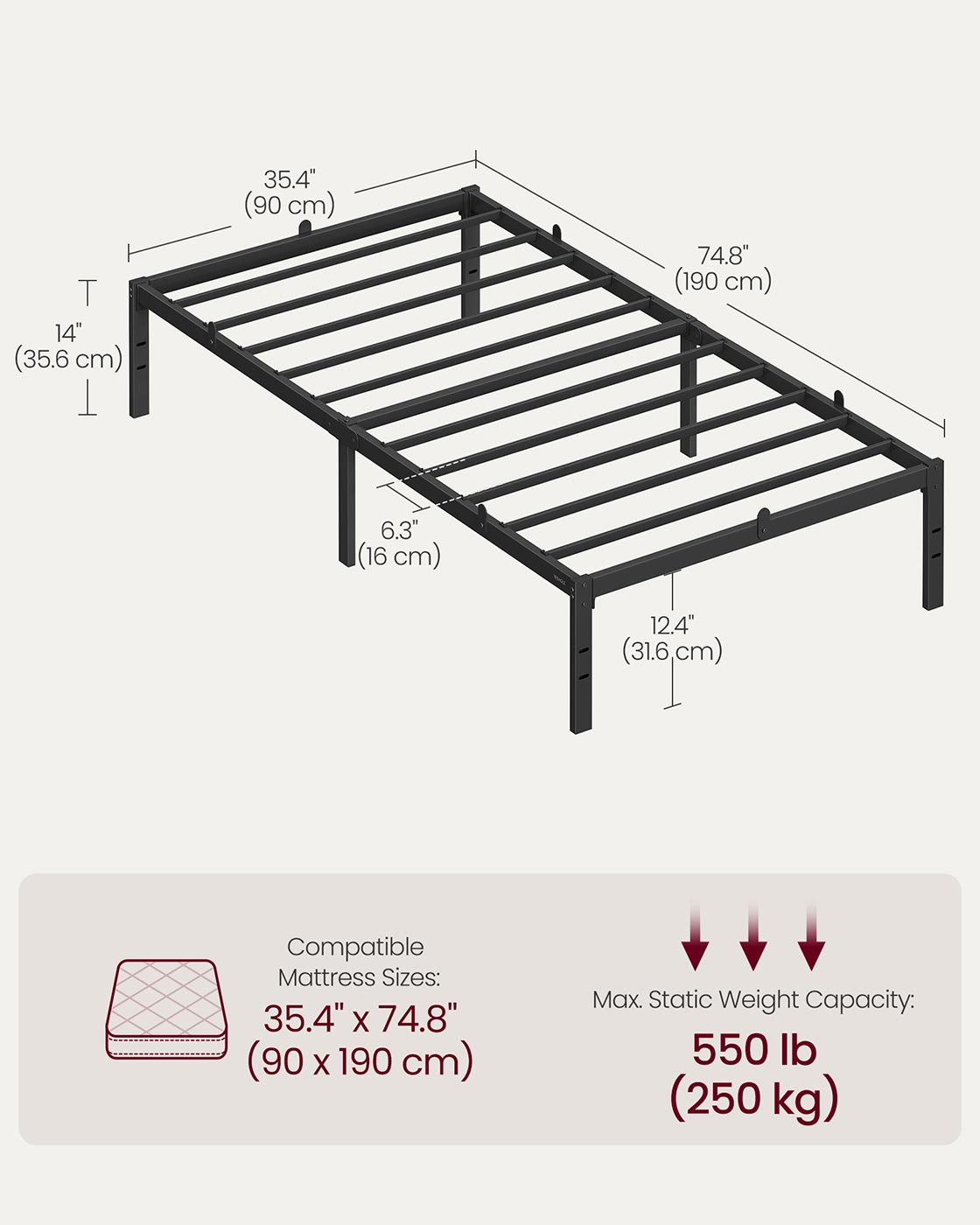 Single Metal Bed Frame – Steel – Ink Black – Easy Assembly, Modern Design, 90 x 190 cm