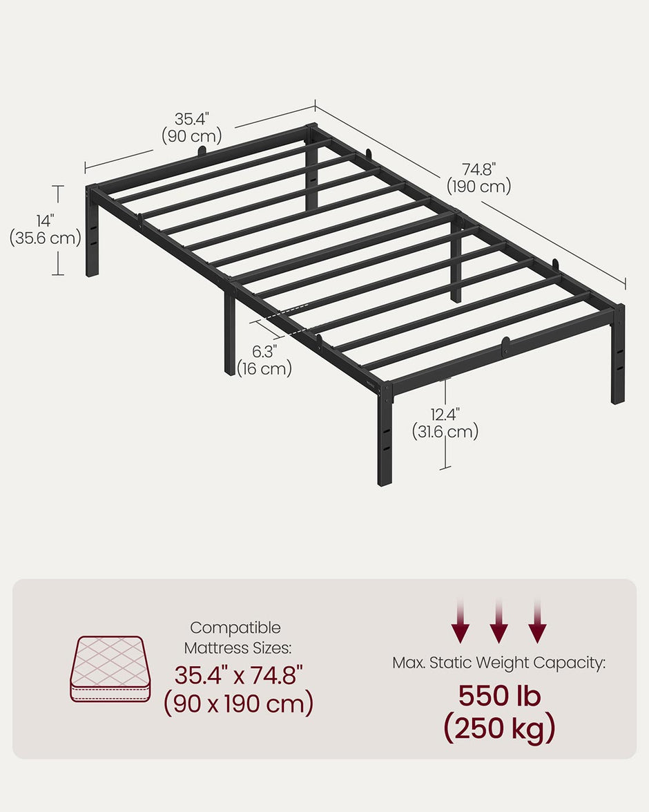 Single Metal Bed Frame – Steel – Ink Black – Easy Assembly, Modern Design, 90 x 190 cm