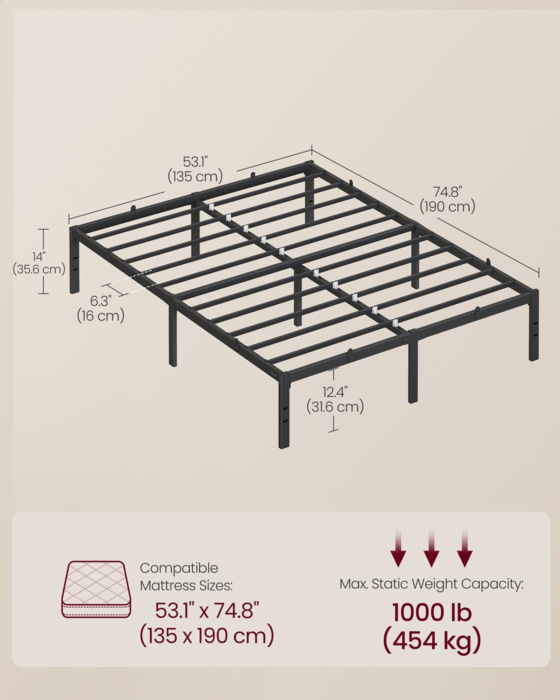 Double Metal Bed Frame – Steel – Ink Black – Easy Assembly, Modern Design, 135 x 190 cm