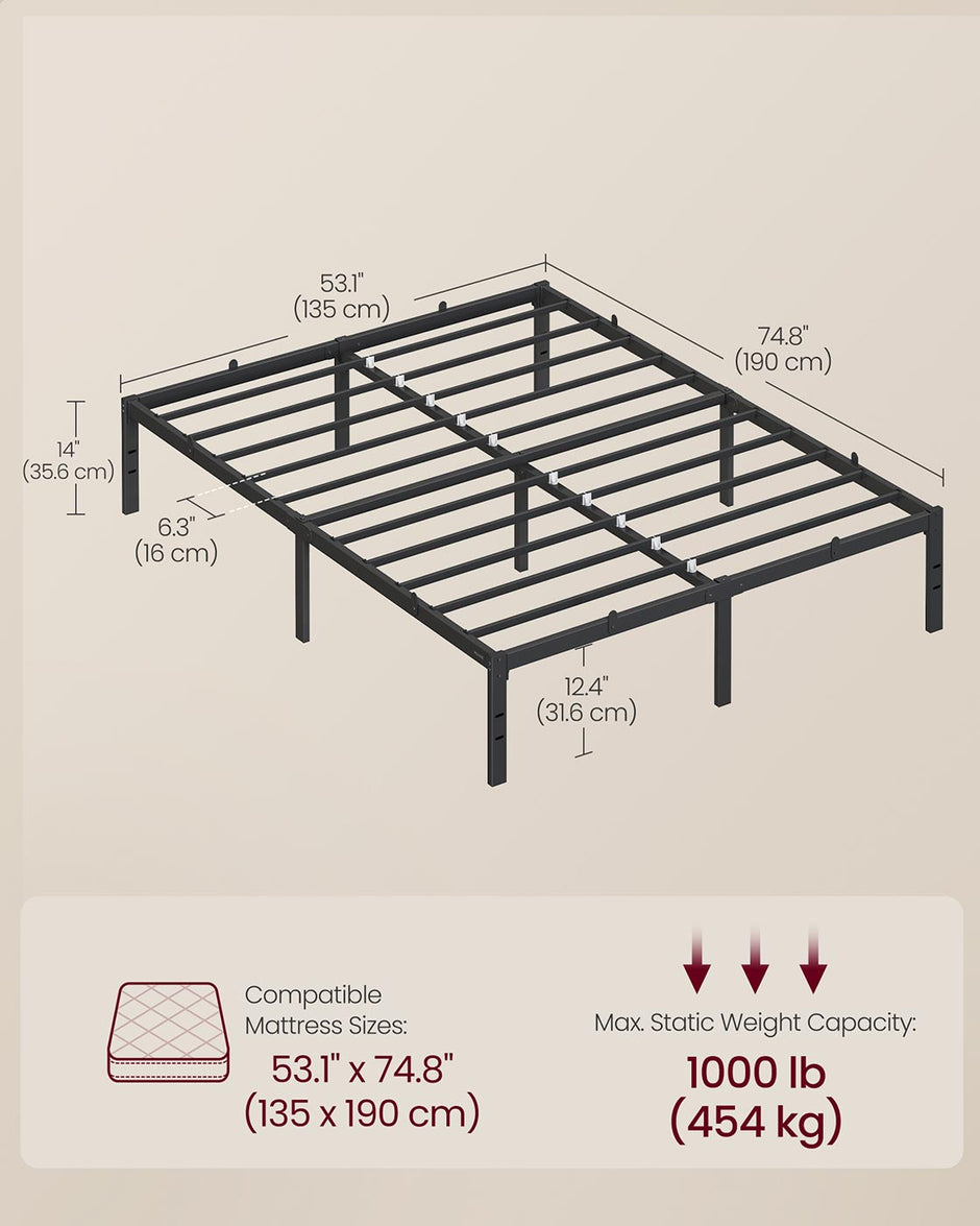 Double Metal Bed Frame – Steel – Ink Black – Easy Assembly, Modern Design, 135 x 190 cm