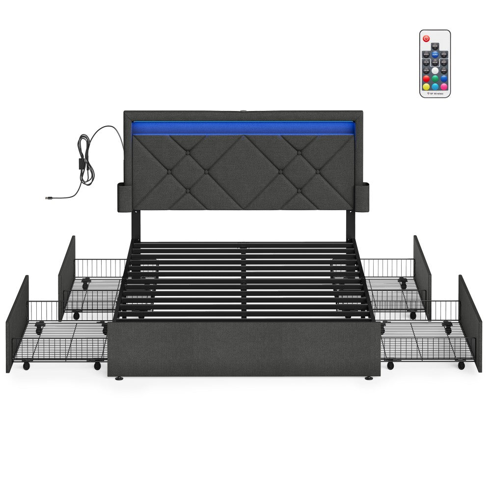 King Bed Frame - 500L - Steel, Foam, Linen-Look Fabric - LED Lights - Underbed Storage Drawers