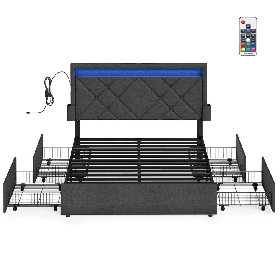 King Bed Frame - 500L - Steel, Foam, Linen-Look Fabric - LED Lights - Underbed Storage Drawers