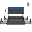 King Bed Frame - 500L - Steel, Foam, Linen-Look Fabric - LED Lights - Underbed Storage Drawers