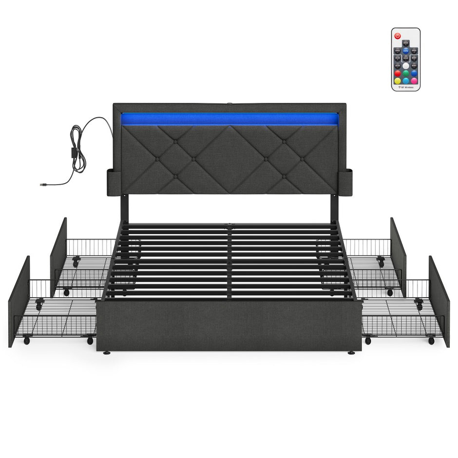 King Bed Frame - 500L - Steel, Foam, Linen-Look Fabric - LED Lights - Underbed Storage Drawers