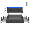 King Bed Frame - 500L - Steel, Foam, Linen-Look Fabric - LED Lights - Underbed Storage Drawers