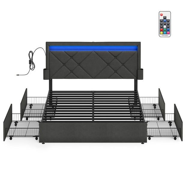 King Bed Frame - 500L - Steel, Foam, Linen-Look Fabric - LED Lights - Underbed Storage Drawers