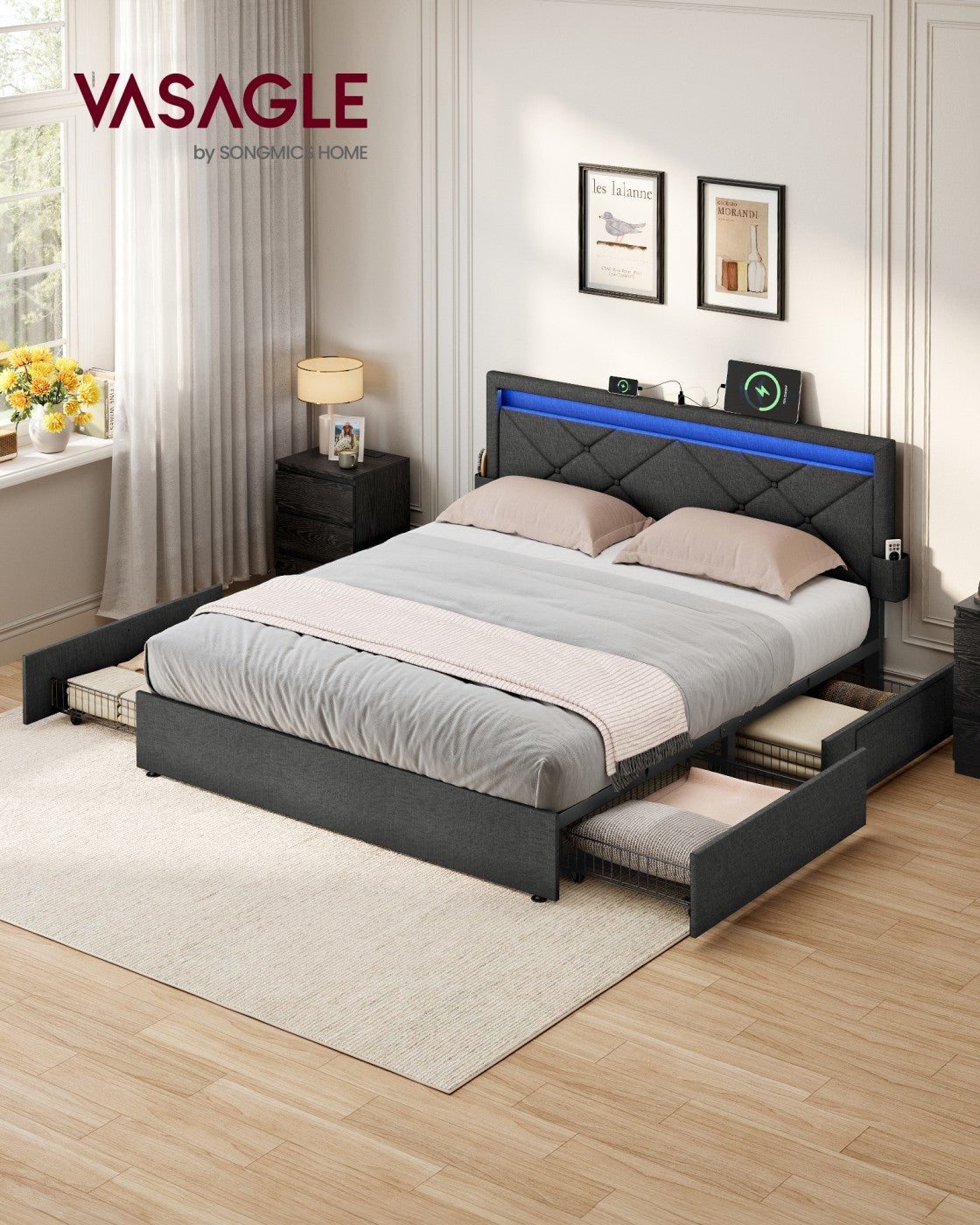 King Bed Frame - 500L - Steel, Foam, Linen-Look Fabric - LED Lights - Underbed Storage Drawers