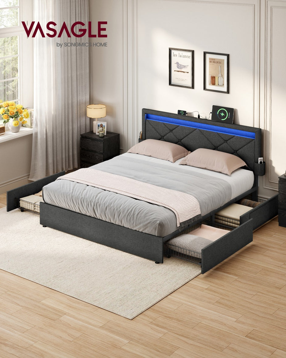 King Bed Frame - 500L - Steel, Foam, Linen-Look Fabric - LED Lights - Underbed Storage Drawers