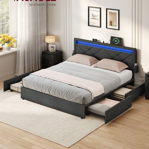 King Bed Frame - 500L - Steel, Foam, Linen-Look Fabric - LED Lights - Underbed Storage Drawers