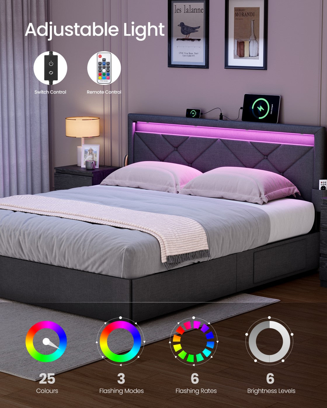 King Bed Frame - 500L - Steel, Foam, Linen-Look Fabric - LED Lights - Underbed Storage Drawers