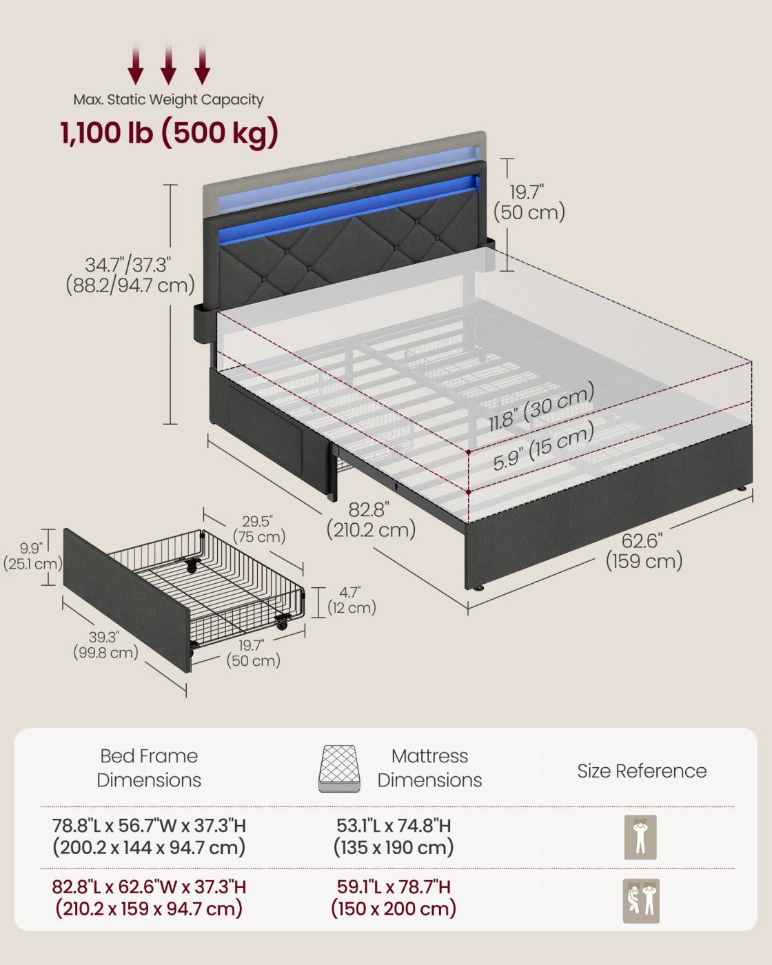 King Bed Frame - 500L - Steel, Foam, Linen-Look Fabric - LED Lights - Underbed Storage Drawers