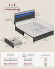 King Bed Frame - 500L - Steel, Foam, Linen-Look Fabric - LED Lights - Underbed Storage Drawers
