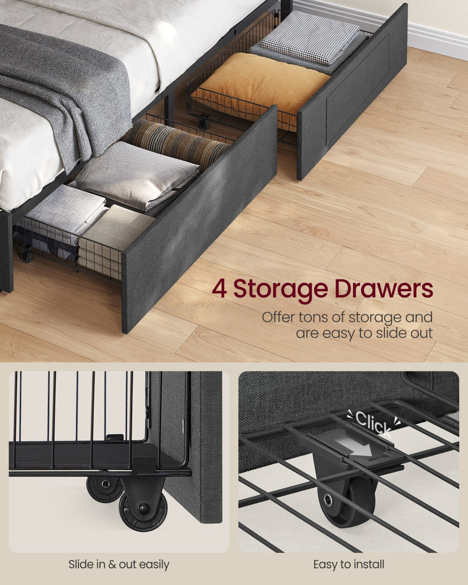 King Bed Frame - 500L - Steel, Foam, Linen-Look Fabric - LED Lights - Underbed Storage Drawers