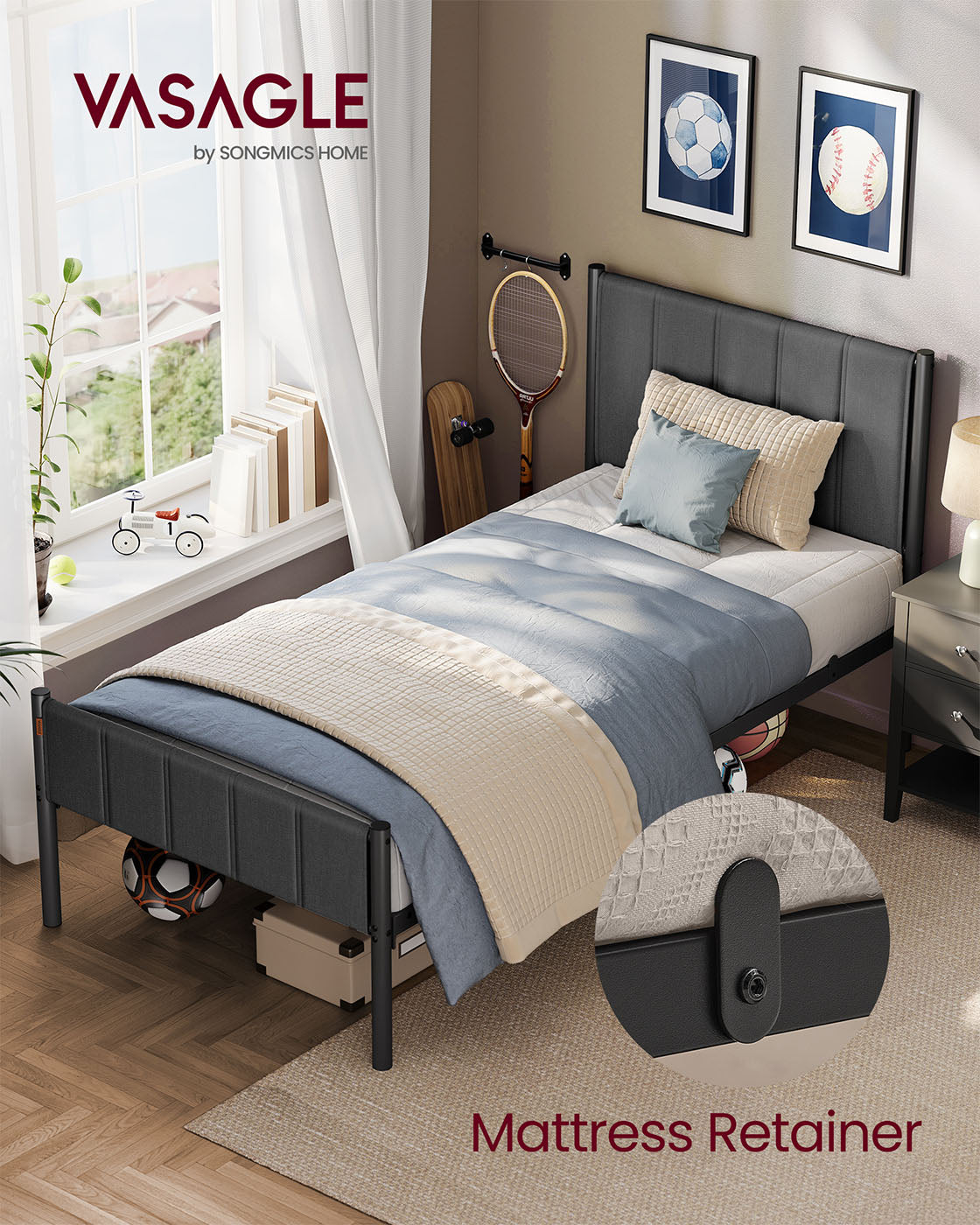 Metal Single Bed Frame – Upholstered Headboard – Slate Grey – Easy Assembly, 90 x 190 cm, 250 kg Weight Capacity