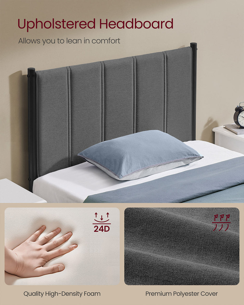 Metal Single Bed Frame – Upholstered Headboard – Slate Grey – Easy Assembly, 90 x 190 cm, 250 kg Weight Capacity