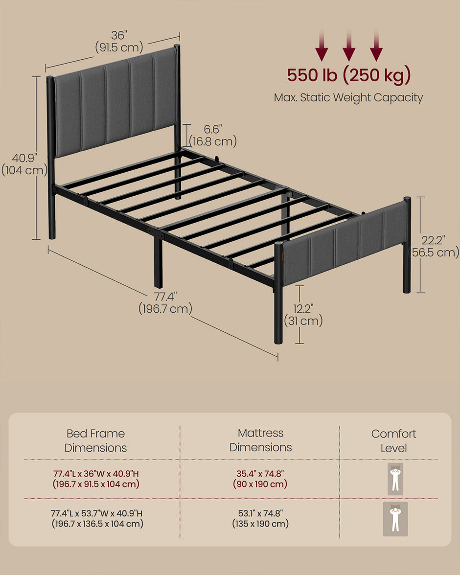 Metal Single Bed Frame – Upholstered Headboard – Slate Grey – Easy Assembly, 90 x 190 cm, 250 kg Weight Capacity