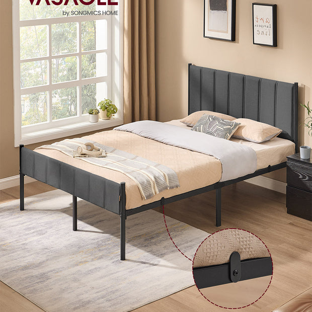 Double Bed Frame – Metal – Slate Grey – Upholstered Headboard, Easy Assembly