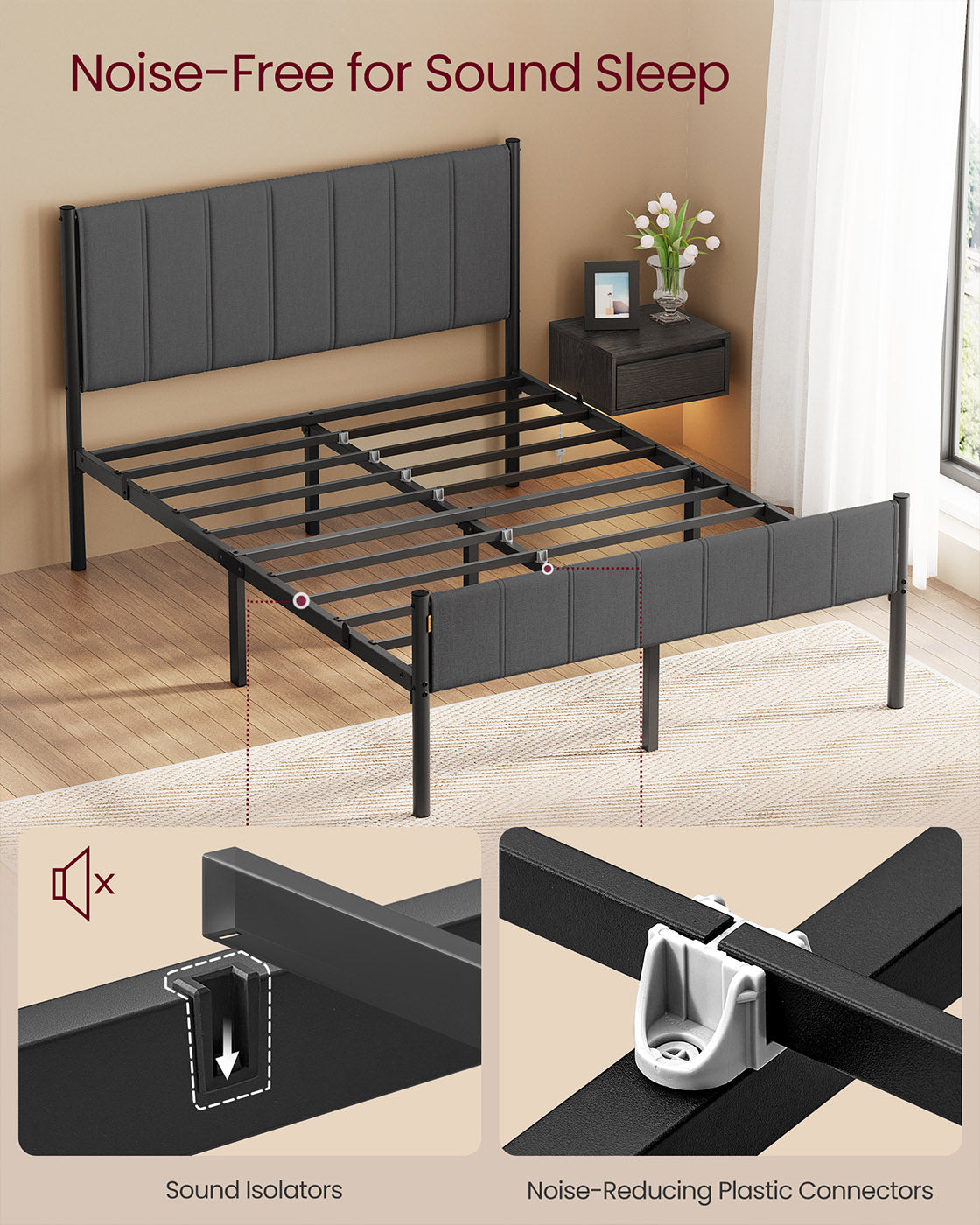 Double Bed Frame – Metal – Slate Grey – Upholstered Headboard, Easy Assembly