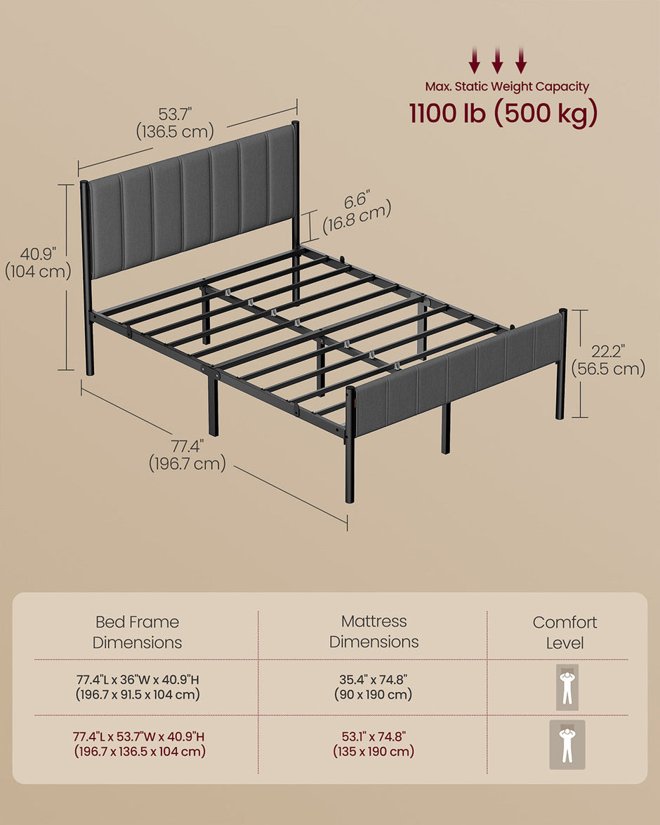 Double Bed Frame – Metal – Slate Grey – Upholstered Headboard, Easy Assembly