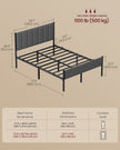 Double Bed Frame – Metal – Slate Grey – Upholstered Headboard, Easy Assembly