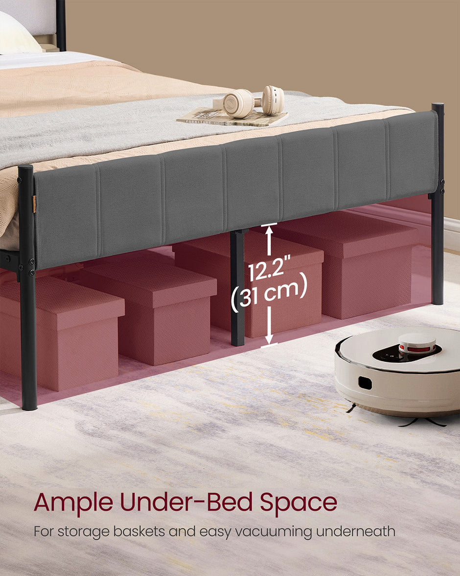 Double Bed Frame – Metal – Slate Grey – Upholstered Headboard, Easy Assembly