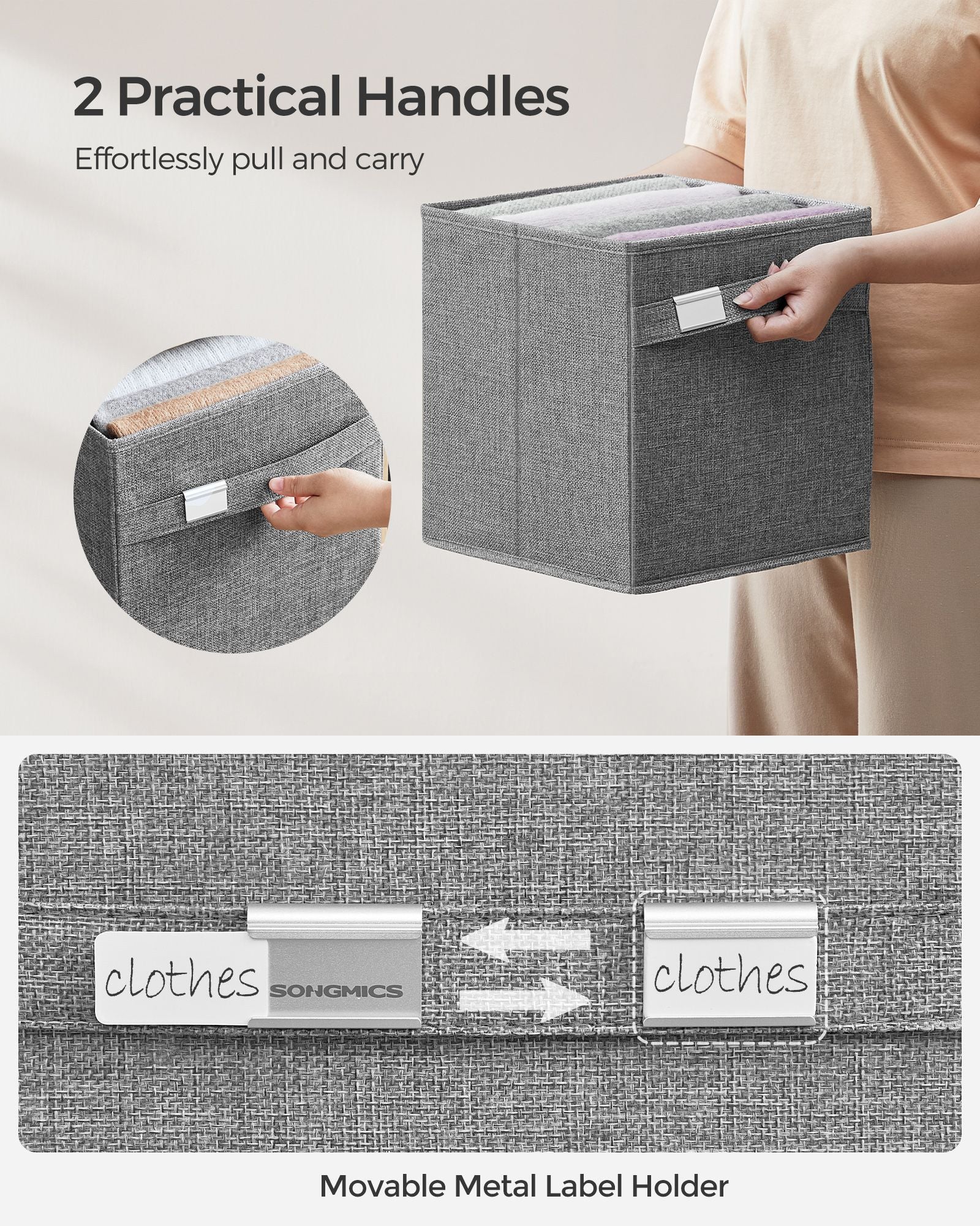 Set of 4 Foldable Storage Cubes – Oxford Fabric and Linen-Look – Dove Grey – Washable with Metal Label Holders