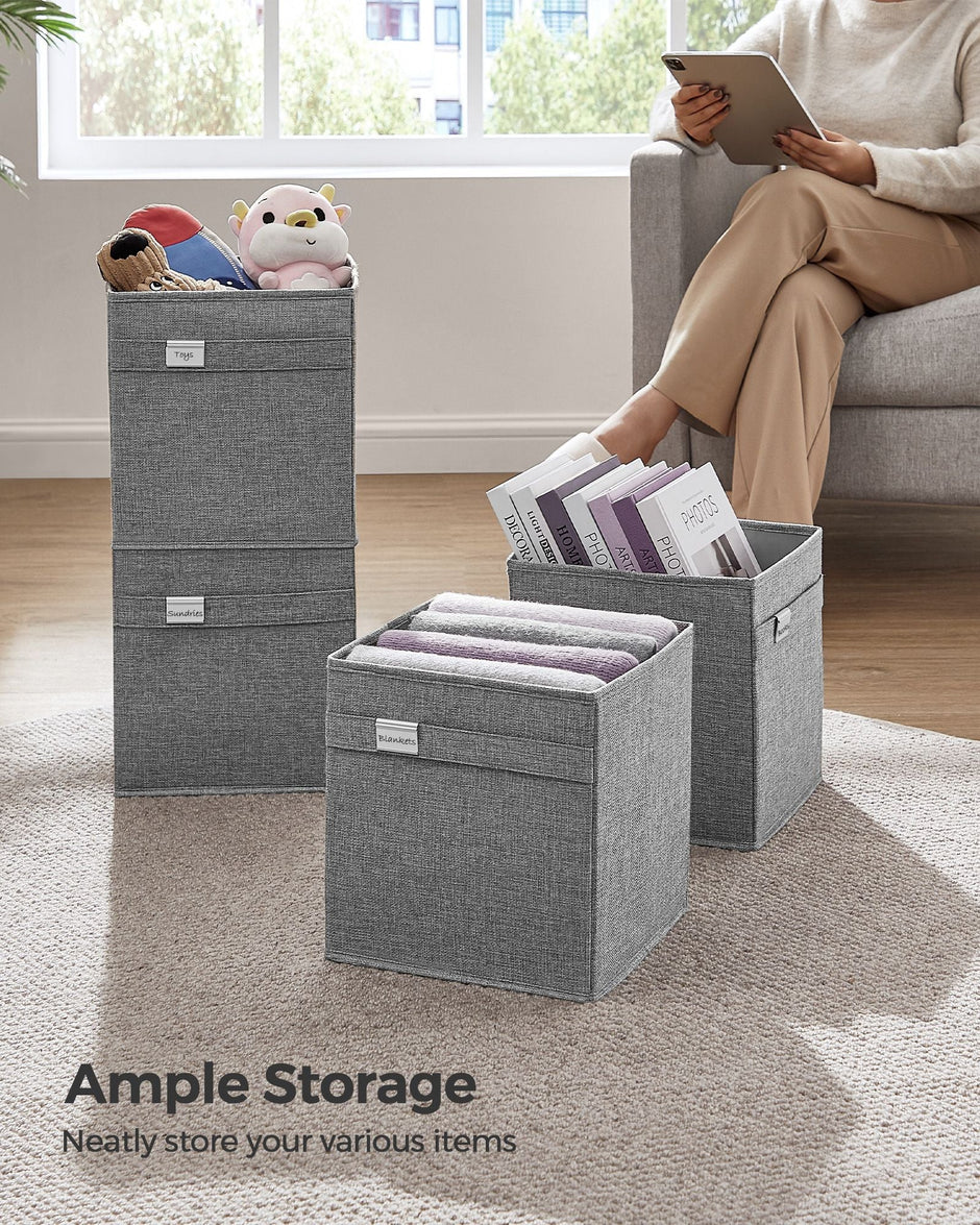 Set of 4 Foldable Storage Cubes – Oxford Fabric and Linen-Look – Dove Grey – Washable with Metal Label Holders