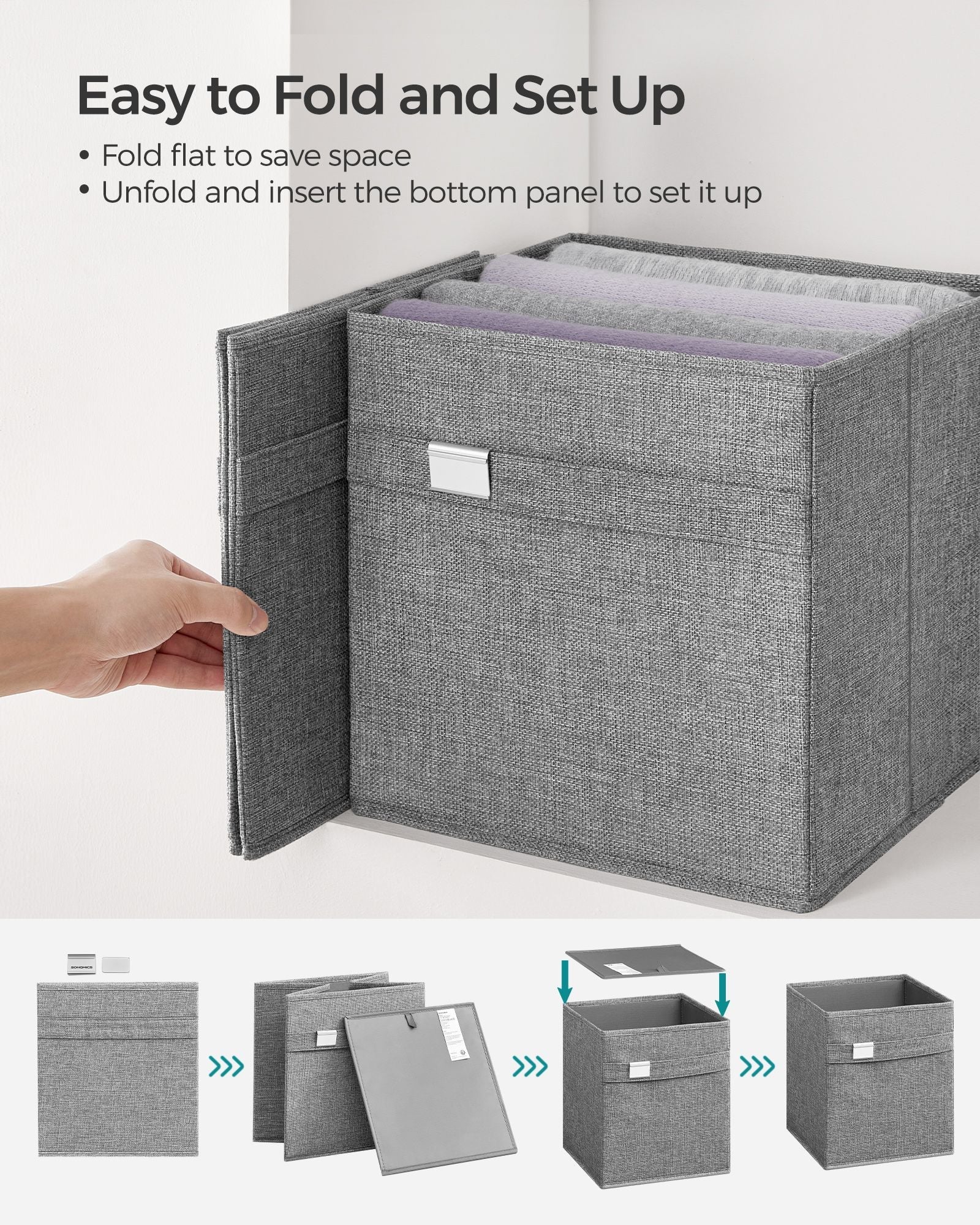 Set of 4 Foldable Storage Cubes – Oxford Fabric and Linen-Look – Dove Grey – Washable with Metal Label Holders
