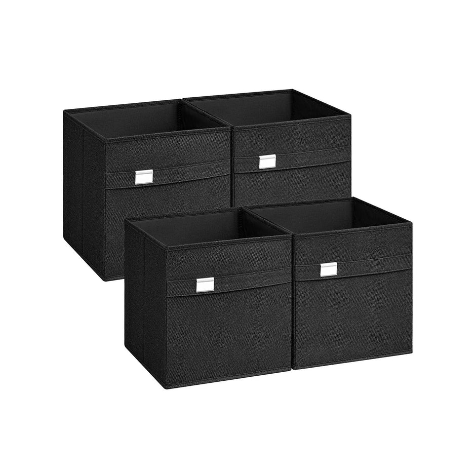 Set of 4 Foldable Storage Cubes – Oxford Fabric and Linen-Look Fabric – Ink Black – Washable with Metal Label Holders