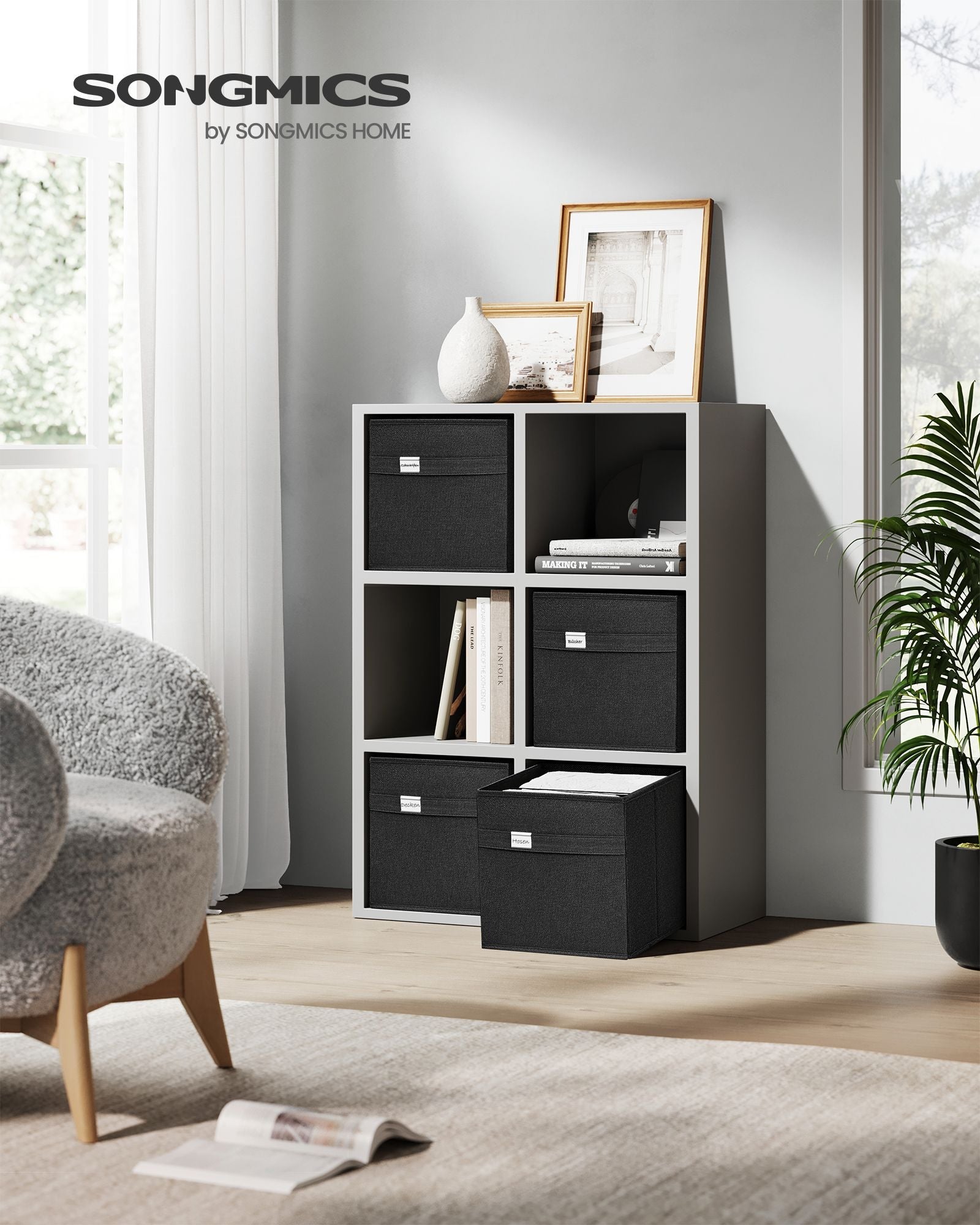 Set of 4 Foldable Storage Cubes – Oxford Fabric and Linen-Look Fabric – Ink Black – Washable with Metal Label Holders