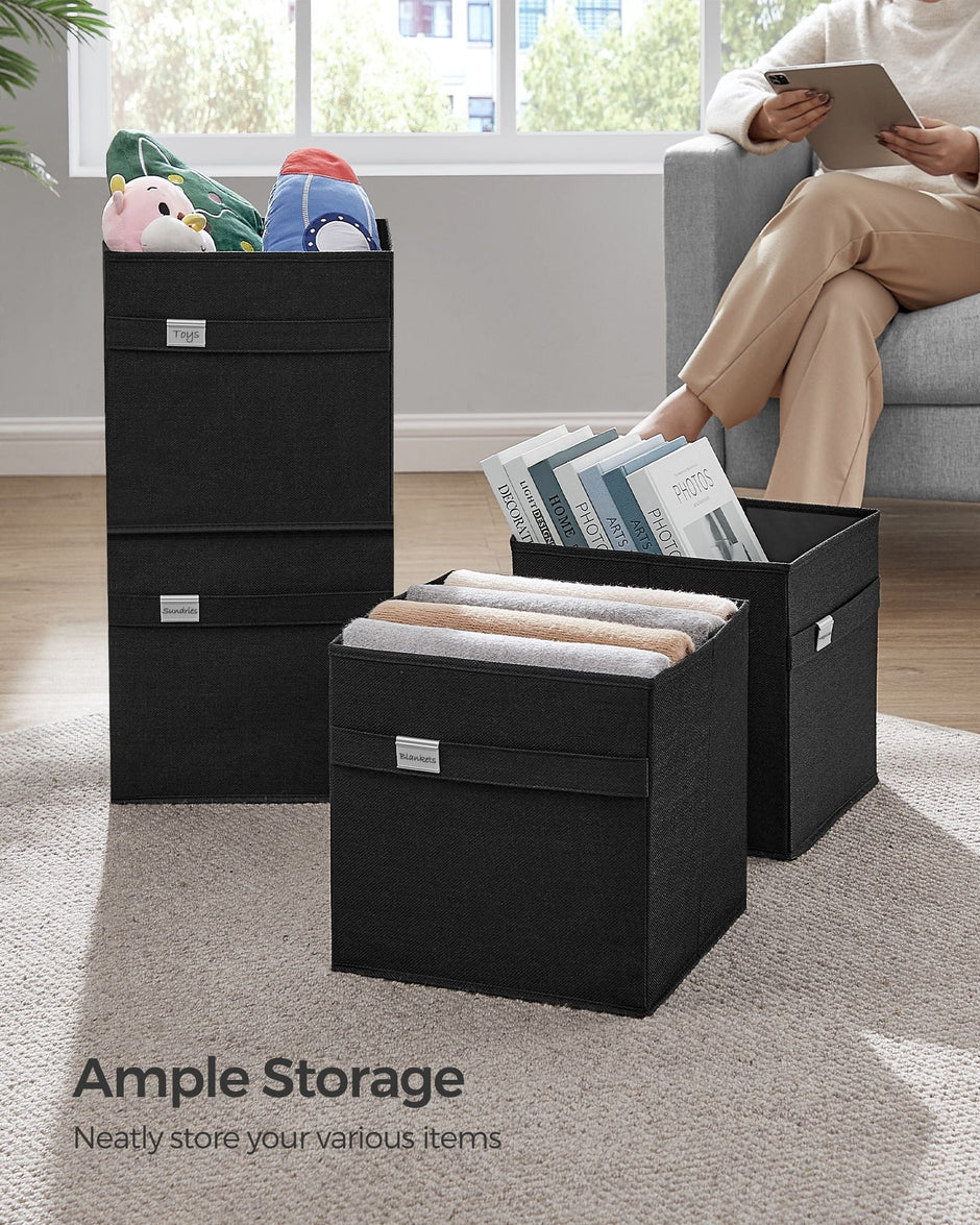 Set of 4 Foldable Storage Cubes – Oxford Fabric and Linen-Look Fabric – Ink Black – Washable with Metal Label Holders