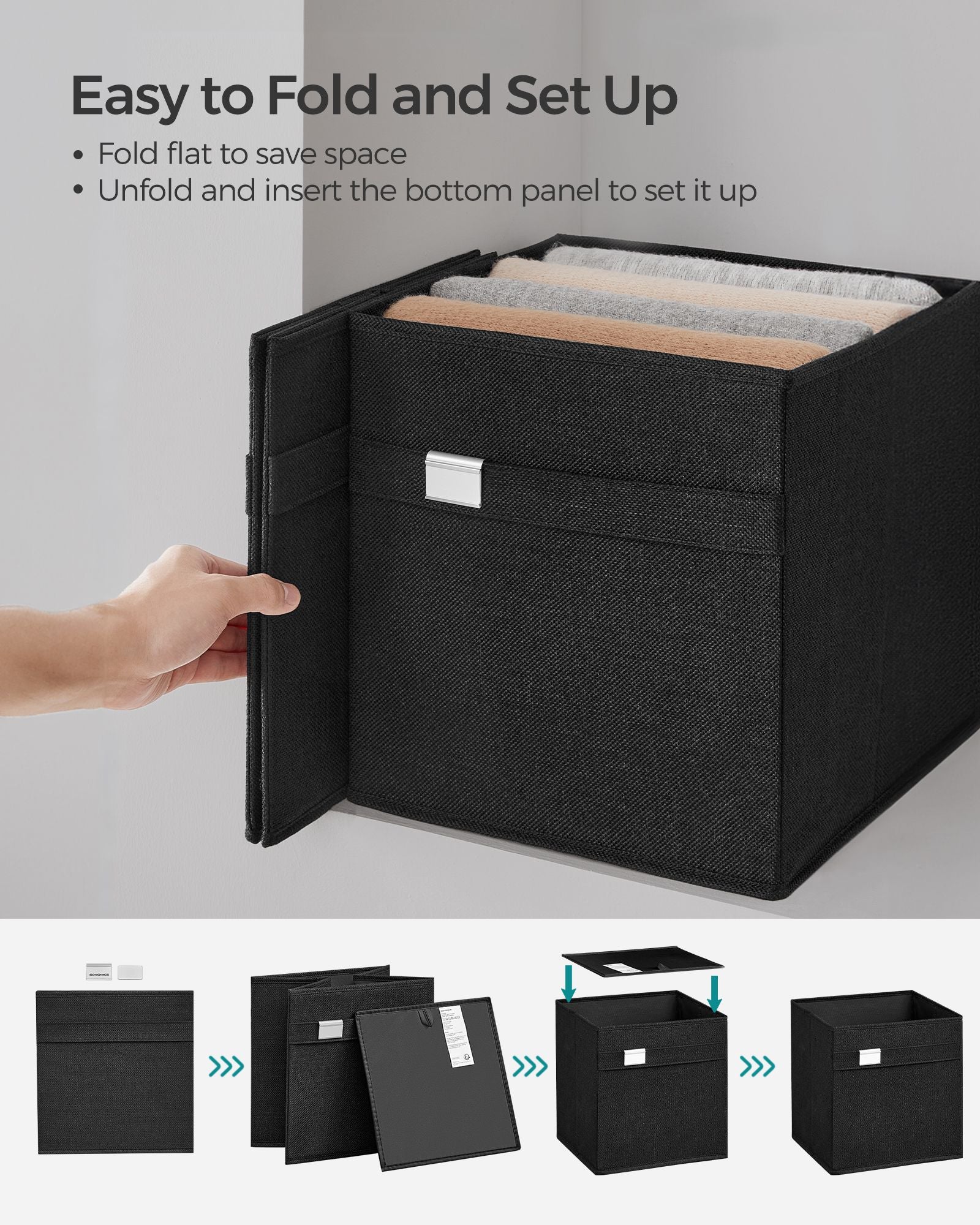Set of 4 Foldable Storage Cubes – Oxford Fabric and Linen-Look Fabric – Ink Black – Washable with Metal Label Holders