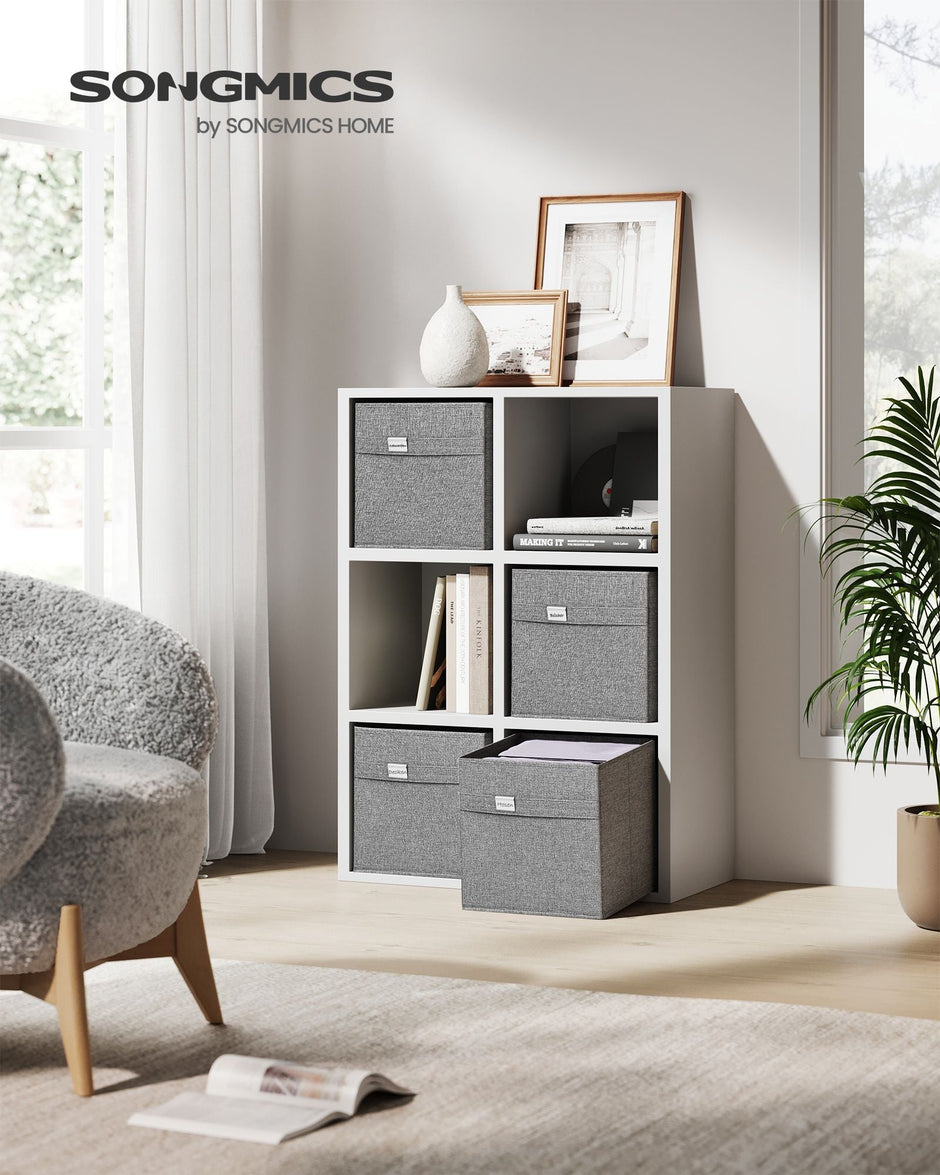 Set of 4 Foldable Storage Cubes – Oxford and Linen-Look Fabric – Dove Grey – Washable with Metal Label Holders