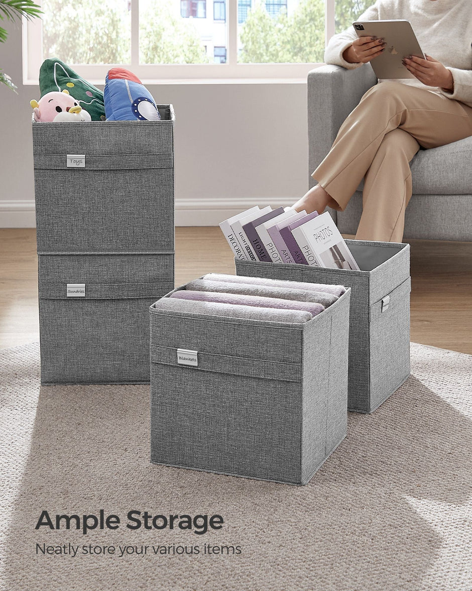 Set of 4 Foldable Storage Cubes – Oxford and Linen-Look Fabric – Dove Grey – Washable with Metal Label Holders