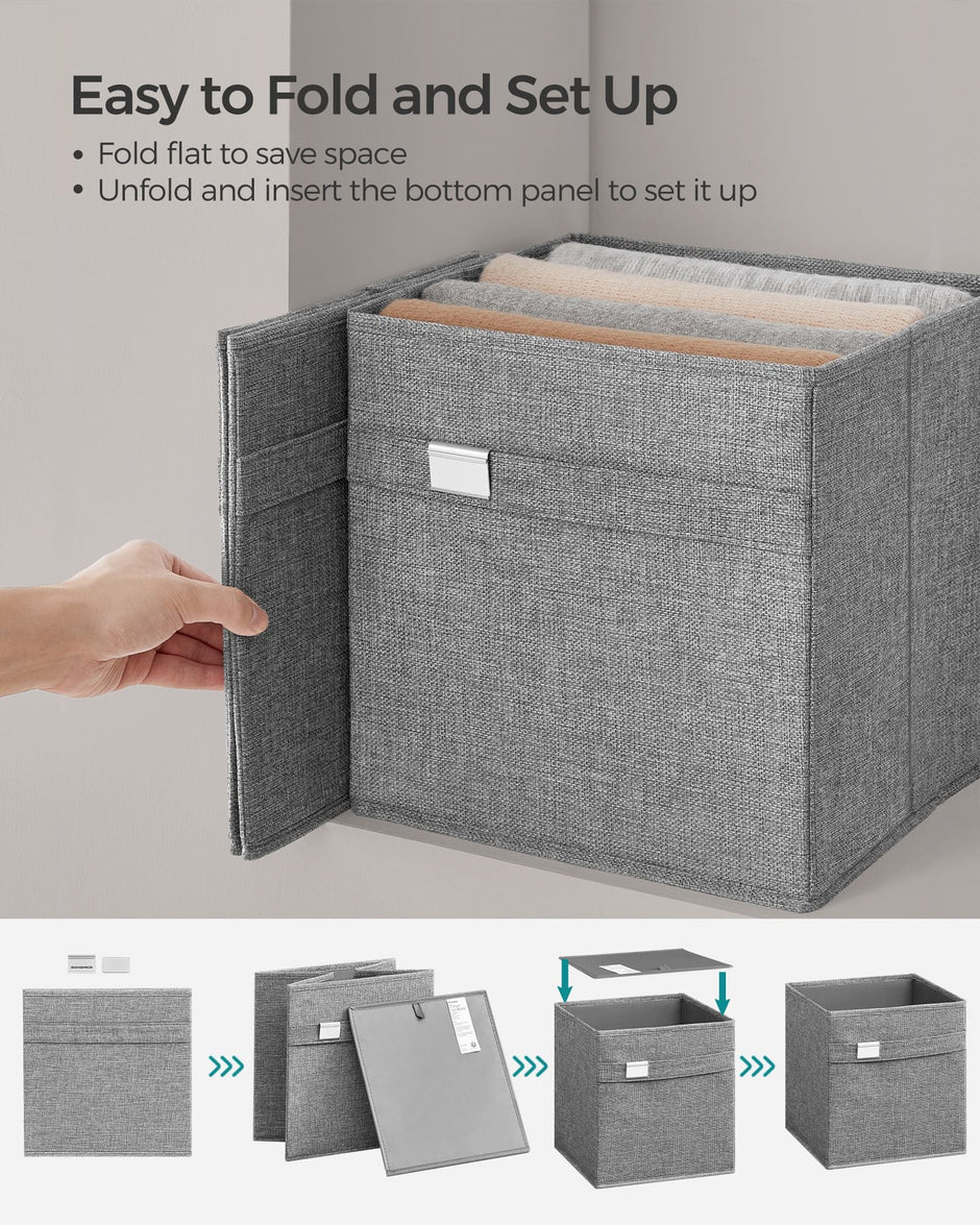 Set of 4 Foldable Storage Cubes – Oxford and Linen-Look Fabric – Dove Grey – Washable with Metal Label Holders