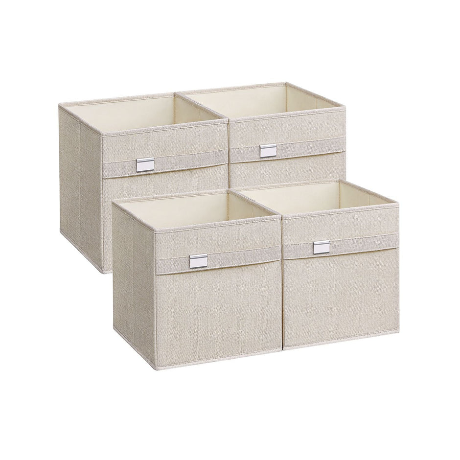 Set of 4 Foldable Storage Cubes – Oxford Fabric and Linen-Look – Cloud White – Washable with Metal Label Holders